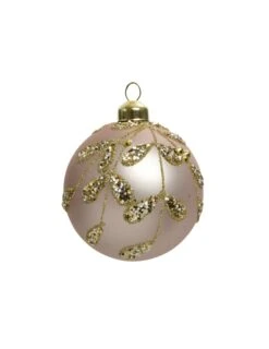 3 Boules De Noël En Verre Rose Poudré Feuilles Dorées 8 Cm