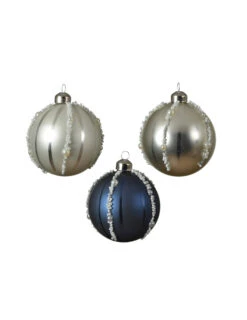 3 Boules De Noël En Verre Bleu Marine Et Argent Avec Perles 8 Cm