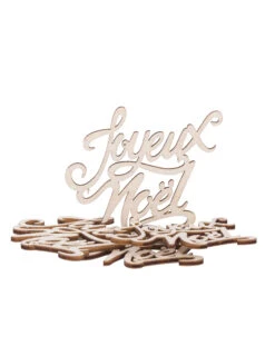 4 Décorations En Bois Joyeux Noël Paillettes Blanches 8 X 6,5 Cm