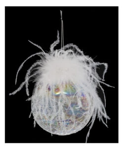 Boule De Noël En Verre Irisée Et Plumes 10 Cm