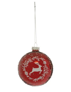 Boule De Noël En Verre Rouge Renne Et Couronne 8 Cm