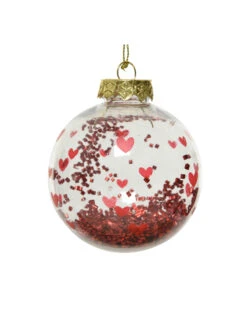 Boule De Noël Transparente Avec Cœurs Rouges Et Confettis 8 Cm