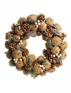 Couronne De Noël Naturelle Pommes De Pin Dorées 35 Cm