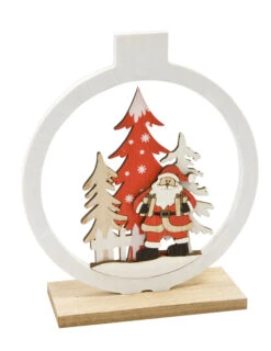 Décoration En Bois Boule Avec Père Noël Et Sapins 11 X 13 Cm