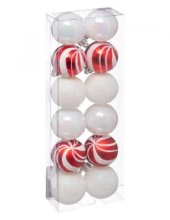 12 Mini Boules De Noël Blanches Et Rouges 4 Cm