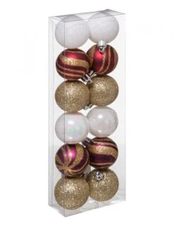 12 Mini Boules De Noël Rouges Blanches Et Dorées 4 Cm