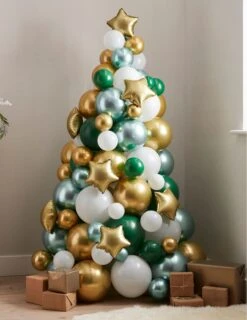 Sapin De Noël En Ballons Vert, Or Et Blanc