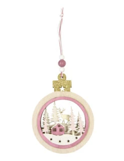 Suspension Boule En Bois Village De Noël Rose 11,9 X 9 X 1 Cm