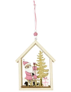 Suspension En Bois Maison Du Père Noël Rose 13 X 11 Cm