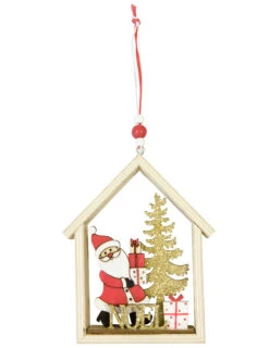 Suspension En Bois Père Noël Dans Sa Maison 13 X 11 X 2 Cm